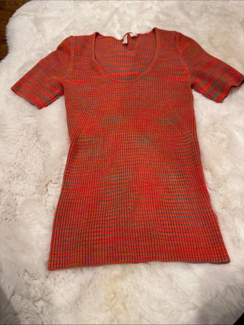 Moth (Anthropology) multi color Red and Green Ribbed Short-Sleeve Knit Top
